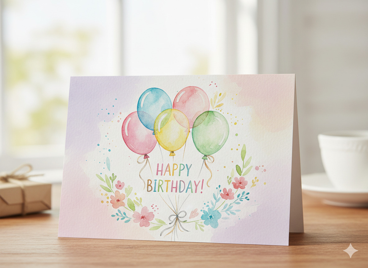 Birthday greeting card with watercolour design